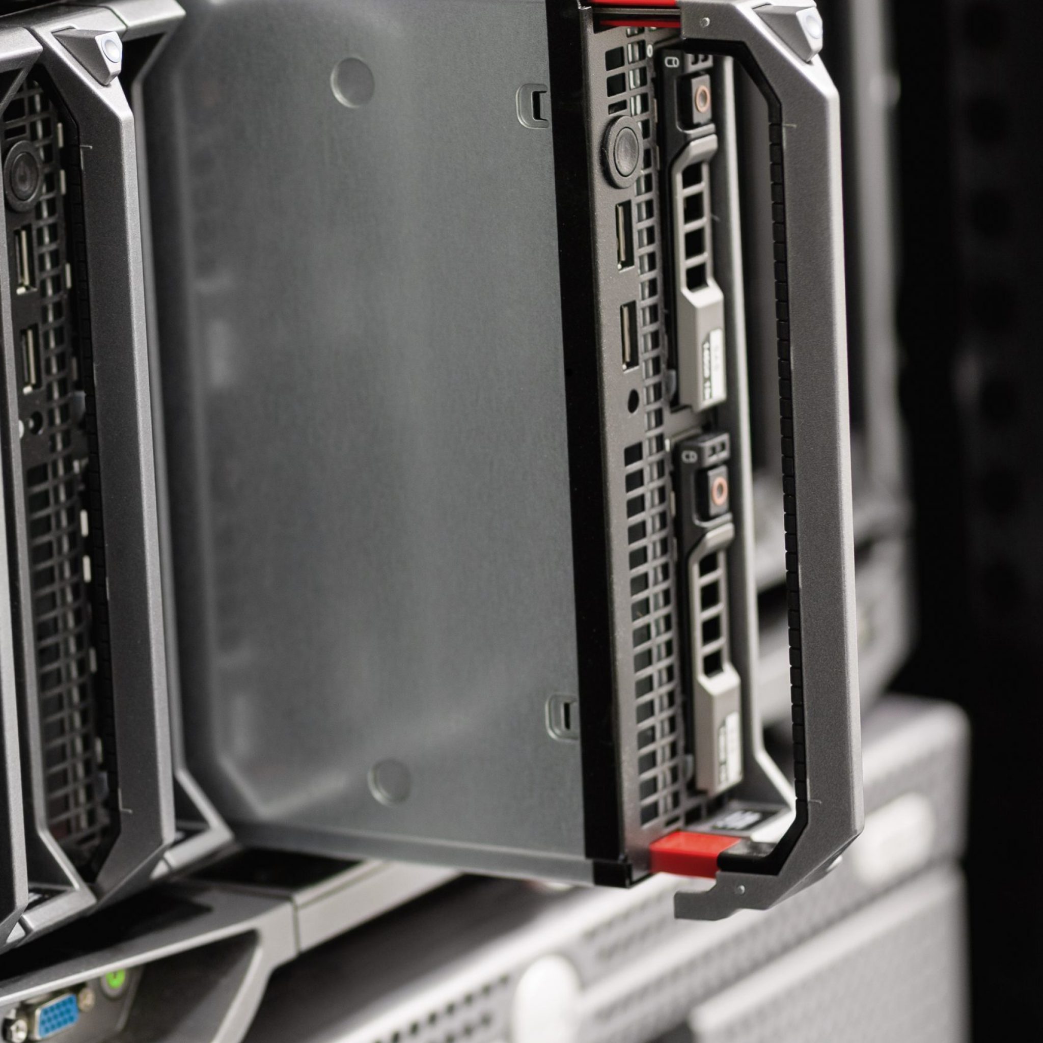 Closeup of blade server in rack and SAN at large enterprise datacenter